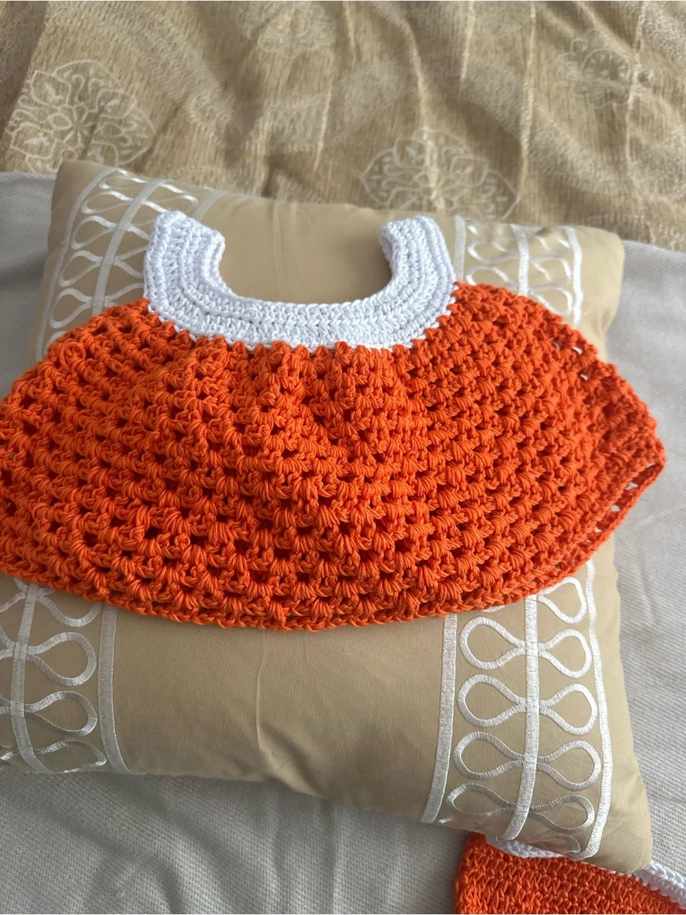 Handmade Orange Crochet Kids Matching Hat & Diaper Cover Set with White Trim